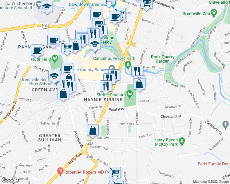 map of restaurants, bars, coffee shops, grocery stores, and more near 855 South Church Street in Greenville