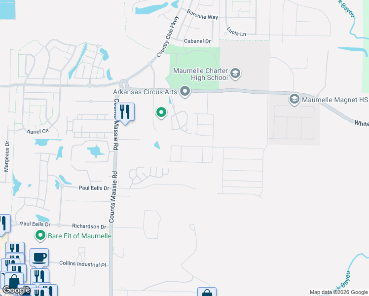 map of restaurants, bars, coffee shops, grocery stores, and more near 10415 Fitzgerald Lane in North Little Rock