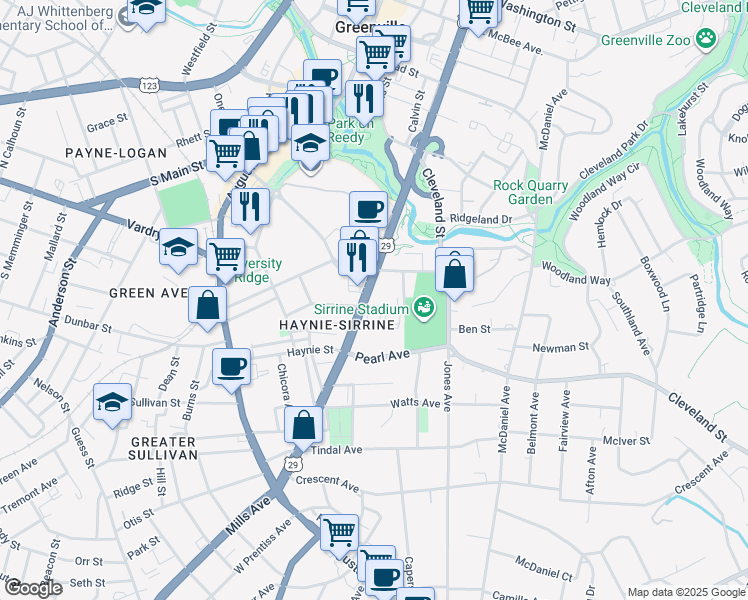 map of restaurants, bars, coffee shops, grocery stores, and more near 405 Wakefield Street in Greenville