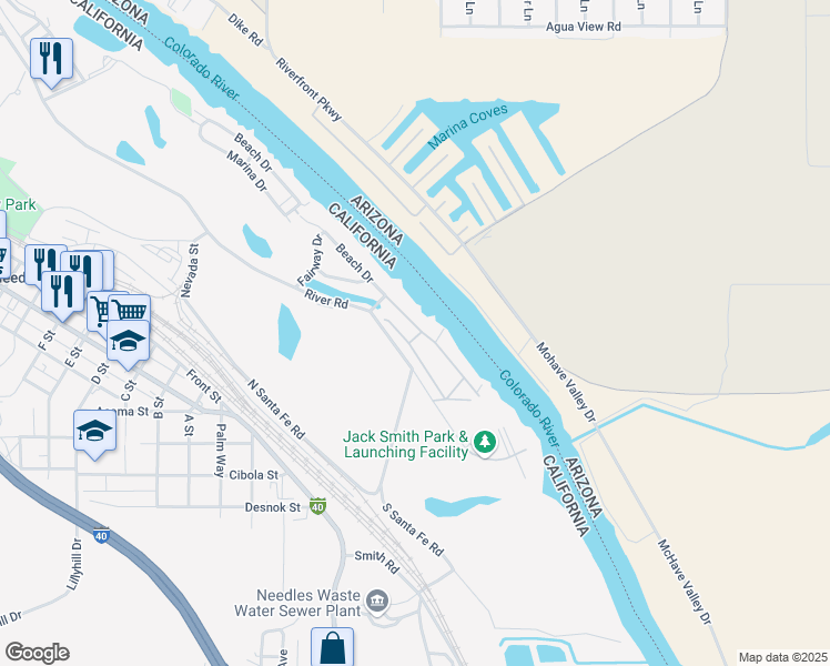 map of restaurants, bars, coffee shops, grocery stores, and more near 670 Channel Way in Needles