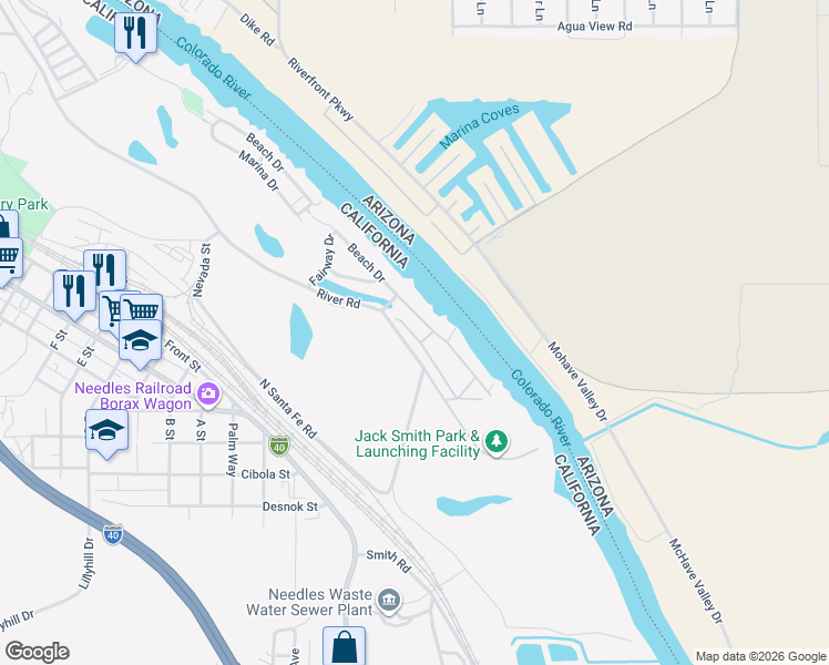 map of restaurants, bars, coffee shops, grocery stores, and more near 669 Channel Way in Needles