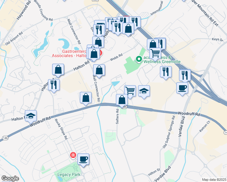 map of restaurants, bars, coffee shops, grocery stores, and more near 741 Woodruff Road in Greenville