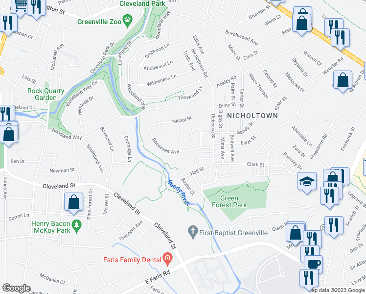 map of restaurants, bars, coffee shops, grocery stores, and more near in Greenville