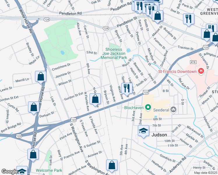 map of restaurants, bars, coffee shops, grocery stores, and more near 24 Bryson Street in Greenville