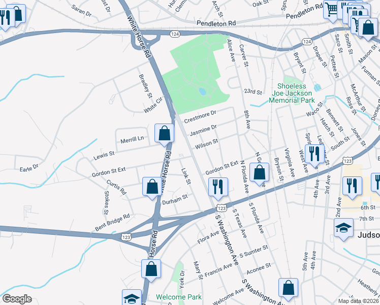 map of restaurants, bars, coffee shops, grocery stores, and more near 205 North Washington Avenue in Greenville