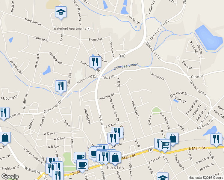 map of restaurants, bars, coffee shops, grocery stores, and more near 203 Augusta Street in Easley