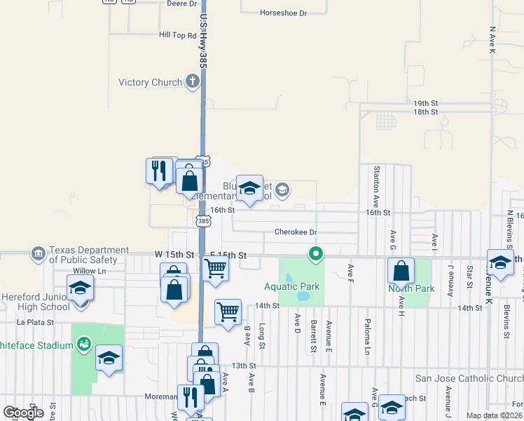 map of restaurants, bars, coffee shops, grocery stores, and more near 221-299 16th Street in Hereford