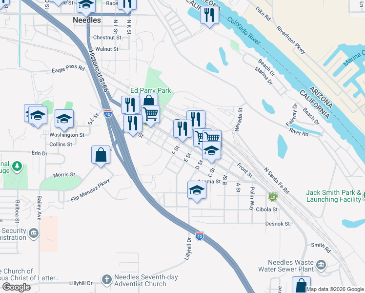 map of restaurants, bars, coffee shops, grocery stores, and more near 821 West Broadway Street in Needles