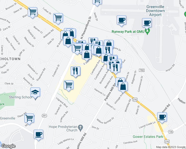 map of restaurants, bars, coffee shops, grocery stores, and more near 101 Landwood Avenue in Greenville