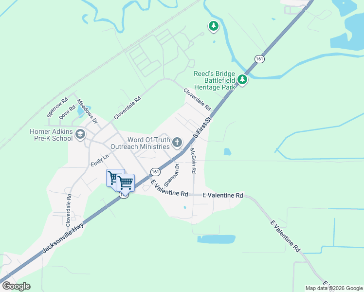 map of restaurants, bars, coffee shops, grocery stores, and more near 8020 Arkansas 161 in Jacksonville