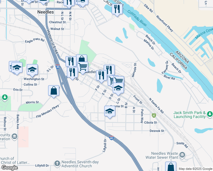 map of restaurants, bars, coffee shops, grocery stores, and more near 800 W Broadway St in Needles