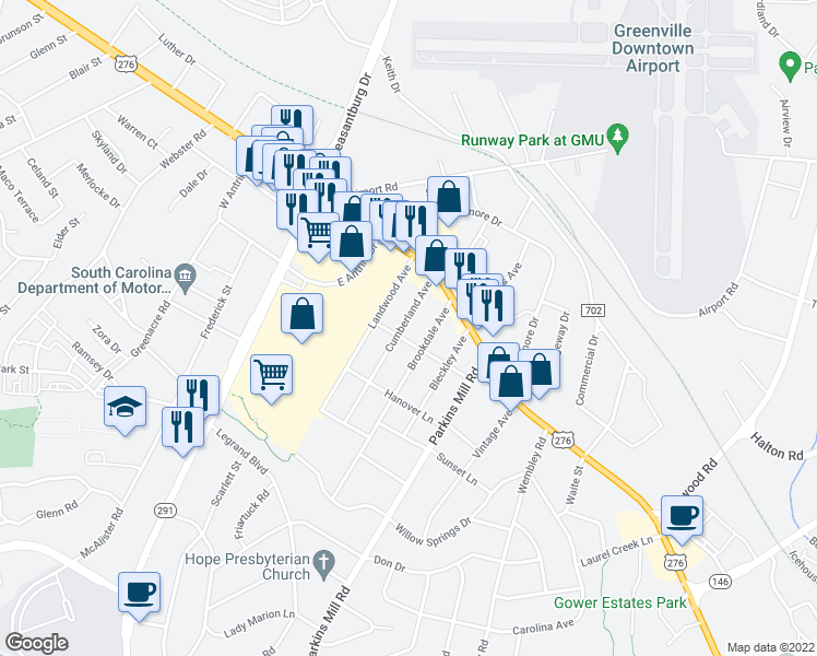 map of restaurants, bars, coffee shops, grocery stores, and more near 27 Cumberland Avenue in Greenville