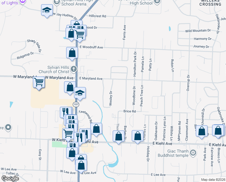 map of restaurants, bars, coffee shops, grocery stores, and more near 63 Wesley Drive in North Little Rock