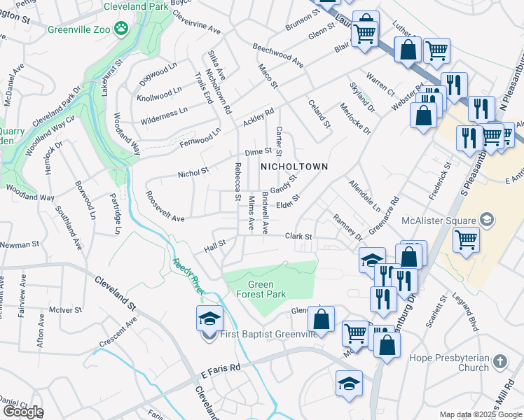 map of restaurants, bars, coffee shops, grocery stores, and more near 14 Bridwell Avenue in Greenville