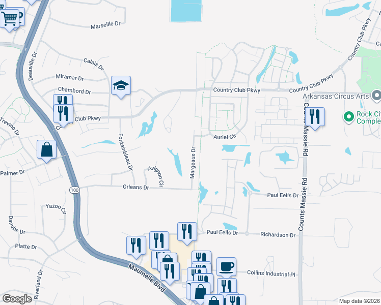 map of restaurants, bars, coffee shops, grocery stores, and more near 128 Margeaux Drive in Maumelle
