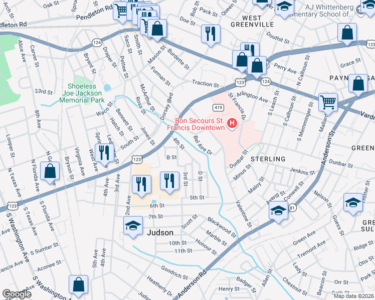 map of restaurants, bars, coffee shops, grocery stores, and more near 40 4th Street in Greenville