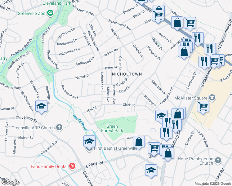 map of restaurants, bars, coffee shops, grocery stores, and more near 14 Bridwell Avenue in Greenville