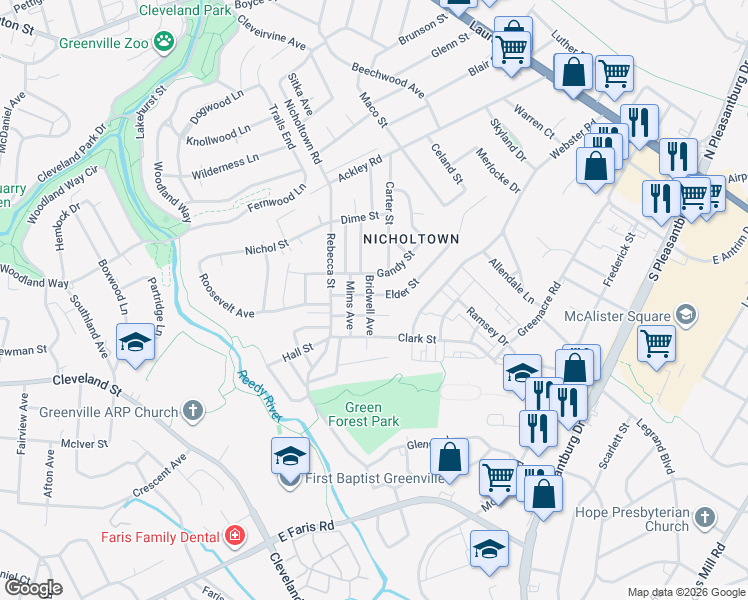 map of restaurants, bars, coffee shops, grocery stores, and more near 14 Bridwell Avenue in Greenville