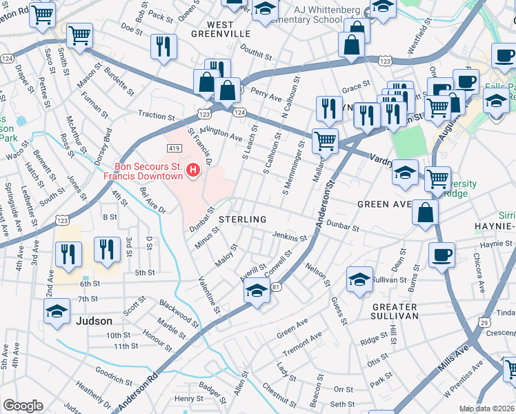 map of restaurants, bars, coffee shops, grocery stores, and more near 819 Dunbar Street in Greenville