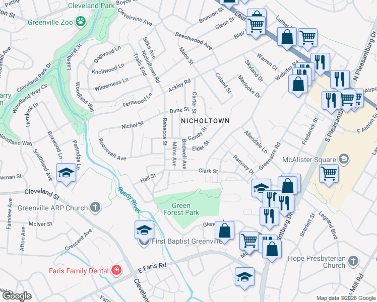 map of restaurants, bars, coffee shops, grocery stores, and more near 14 Bridwell Avenue in Greenville