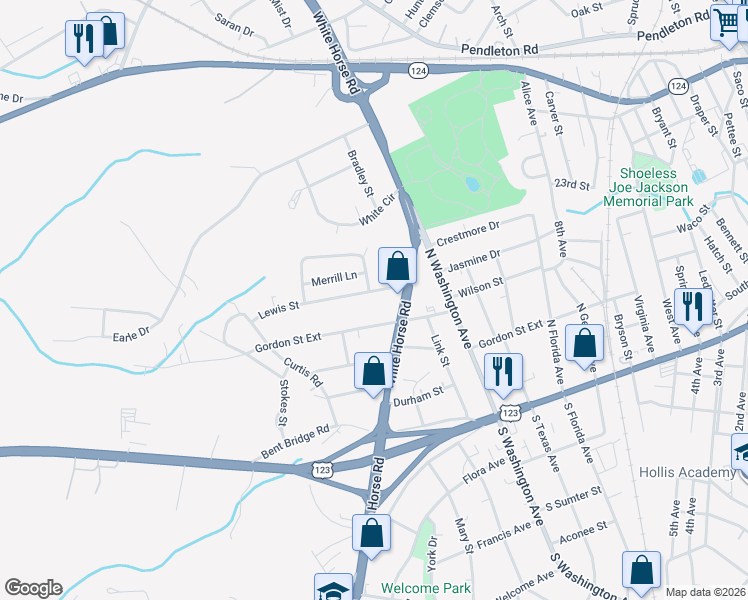 map of restaurants, bars, coffee shops, grocery stores, and more near 5 Lewis Street in Greenville
