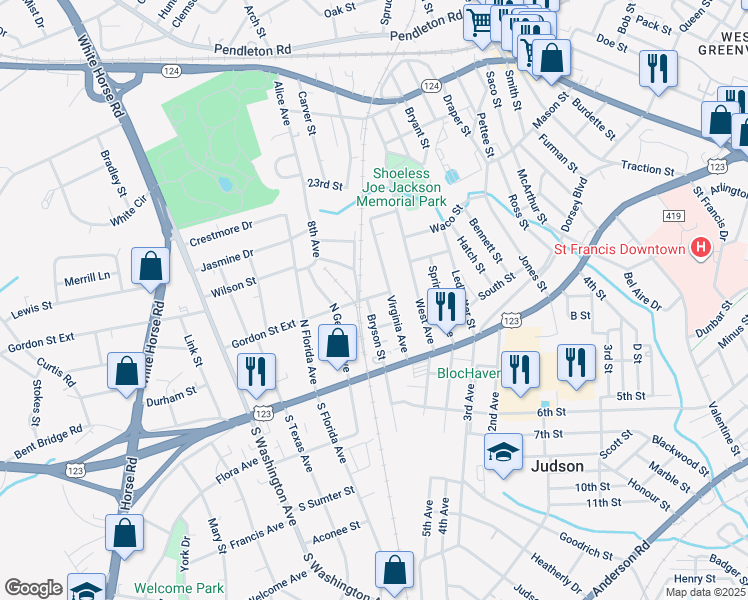 map of restaurants, bars, coffee shops, grocery stores, and more near 24 Bryson Street in Greenville