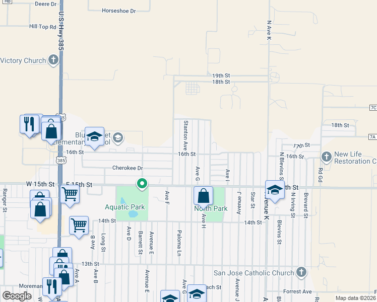 map of restaurants, bars, coffee shops, grocery stores, and more near 700 Stanton Avenue in Hereford