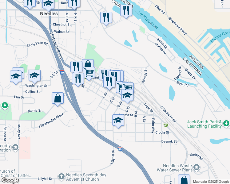 map of restaurants, bars, coffee shops, grocery stores, and more near 800 West Broadway Street in Needles