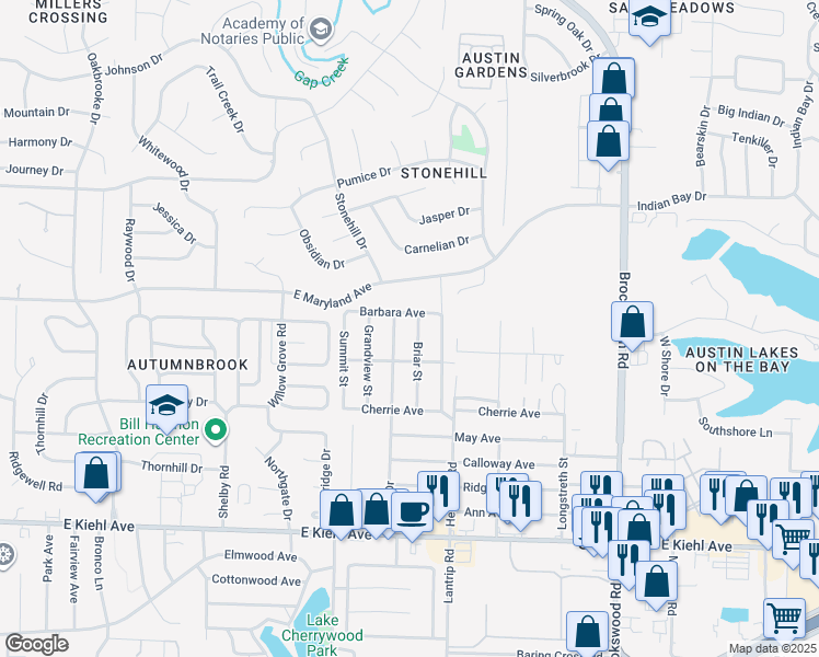 map of restaurants, bars, coffee shops, grocery stores, and more near 610 Briar Street in Sherwood