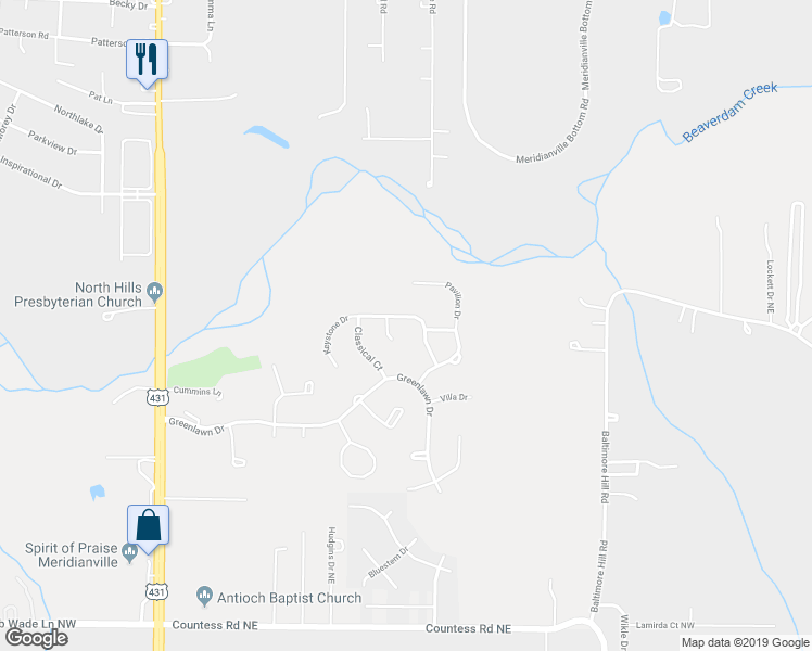 map of restaurants, bars, coffee shops, grocery stores, and more near 118 Keystone Drive in Meridianville