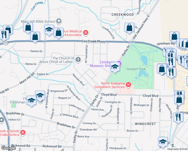 map of restaurants, bars, coffee shops, grocery stores, and more near 1701 Northern Boulevard in Florence