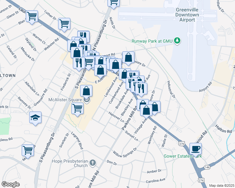 map of restaurants, bars, coffee shops, grocery stores, and more near 25 Cumberland Avenue in Greenville