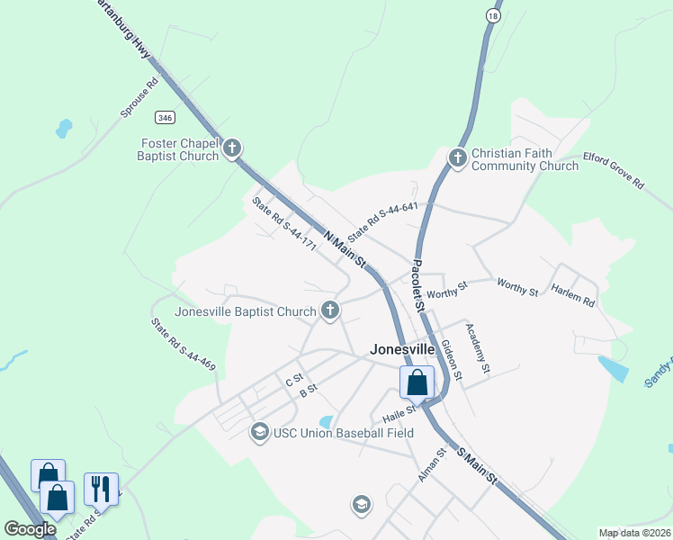 map of restaurants, bars, coffee shops, grocery stores, and more near 255 Harris Street in Jonesville