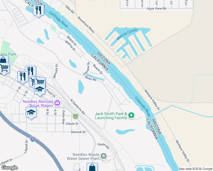 map of restaurants, bars, coffee shops, grocery stores, and more near 669 Channel Way in Needles