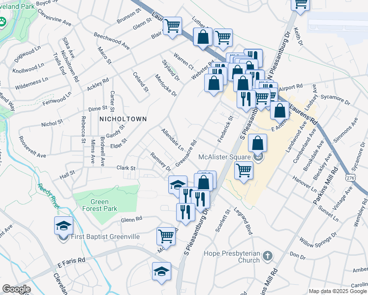 map of restaurants, bars, coffee shops, grocery stores, and more near 35 Allendale Lane in Greenville