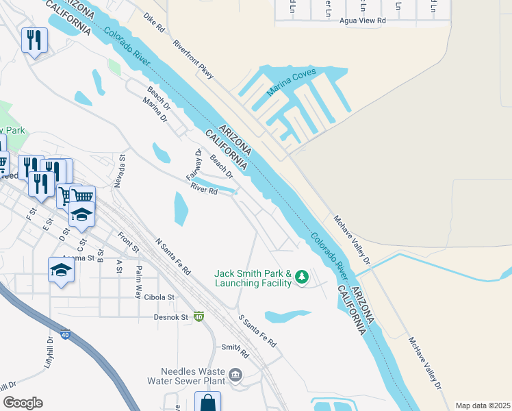 map of restaurants, bars, coffee shops, grocery stores, and more near 575 Beach Drive in Needles