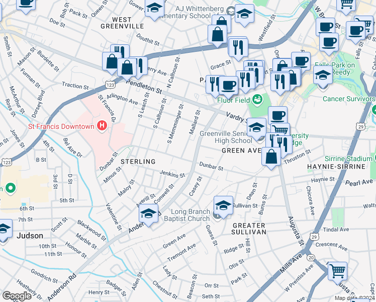 map of restaurants, bars, coffee shops, grocery stores, and more near 133 Mallard Street in Greenville
