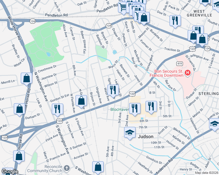 map of restaurants, bars, coffee shops, grocery stores, and more near 16 Springside Avenue in Greenville