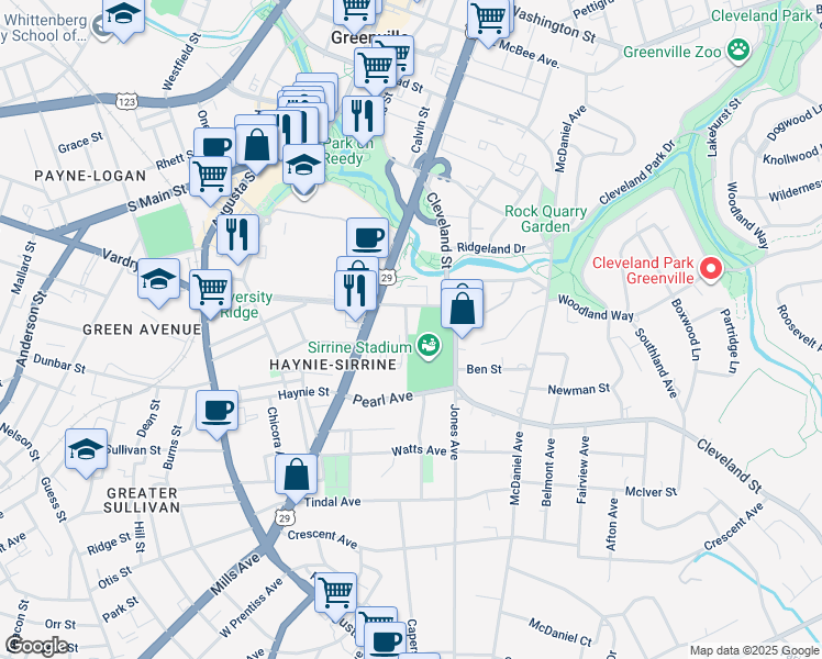 map of restaurants, bars, coffee shops, grocery stores, and more near 9 Briar Street in Greenville