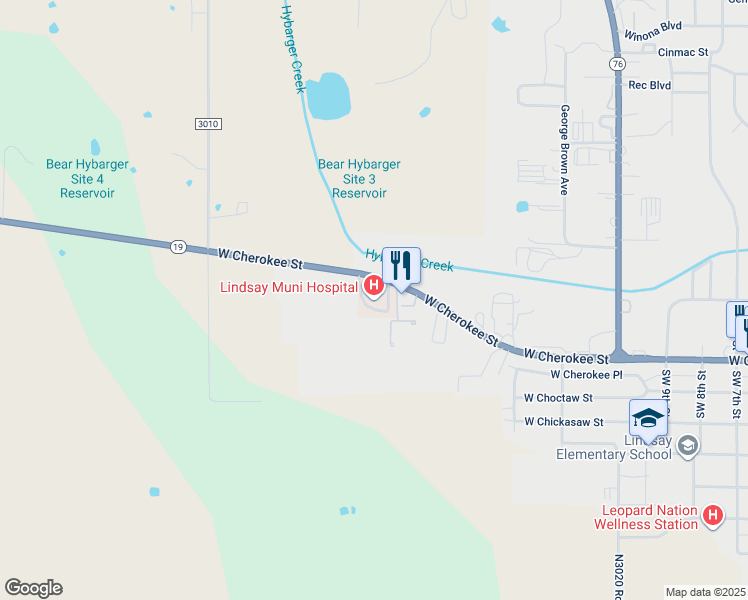 map of restaurants, bars, coffee shops, grocery stores, and more near 1305 West Cherokee Street in Lindsay