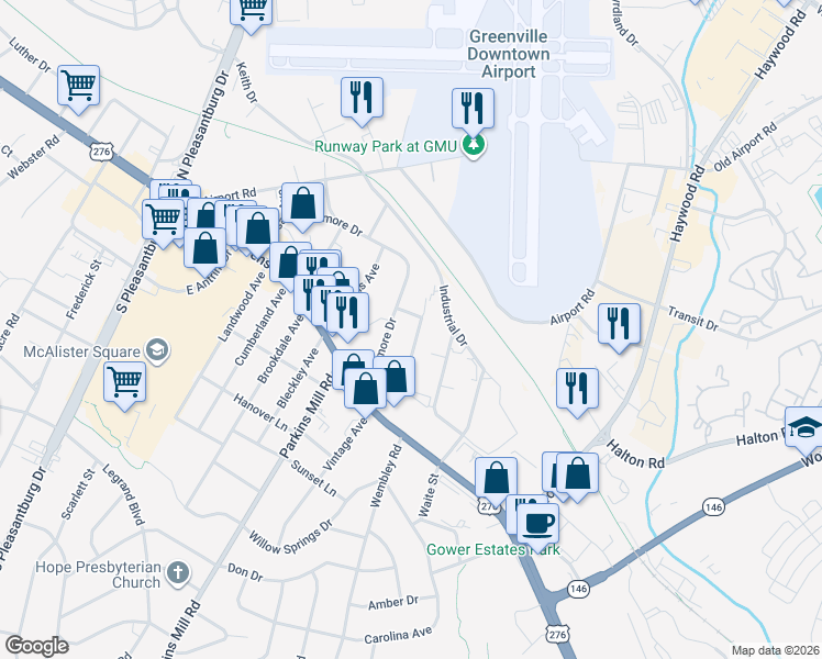 map of restaurants, bars, coffee shops, grocery stores, and more near 121 Ridgeway Drive in Greenville