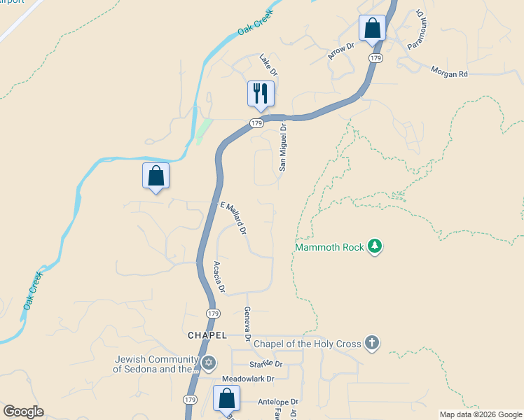 map of restaurants, bars, coffee shops, grocery stores, and more near 108 Cari Court in Sedona