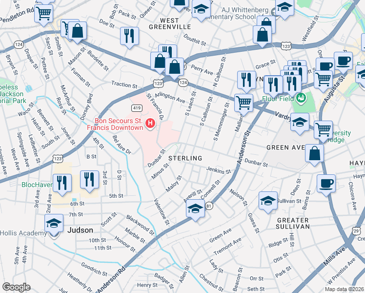 map of restaurants, bars, coffee shops, grocery stores, and more near in Greenville