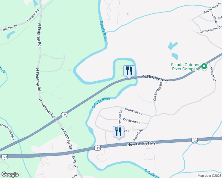 map of restaurants, bars, coffee shops, grocery stores, and more near 1399 Old Easley Highway in Easley