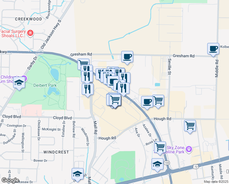 map of restaurants, bars, coffee shops, grocery stores, and more near 357 Cox Creek Parkway in Florence