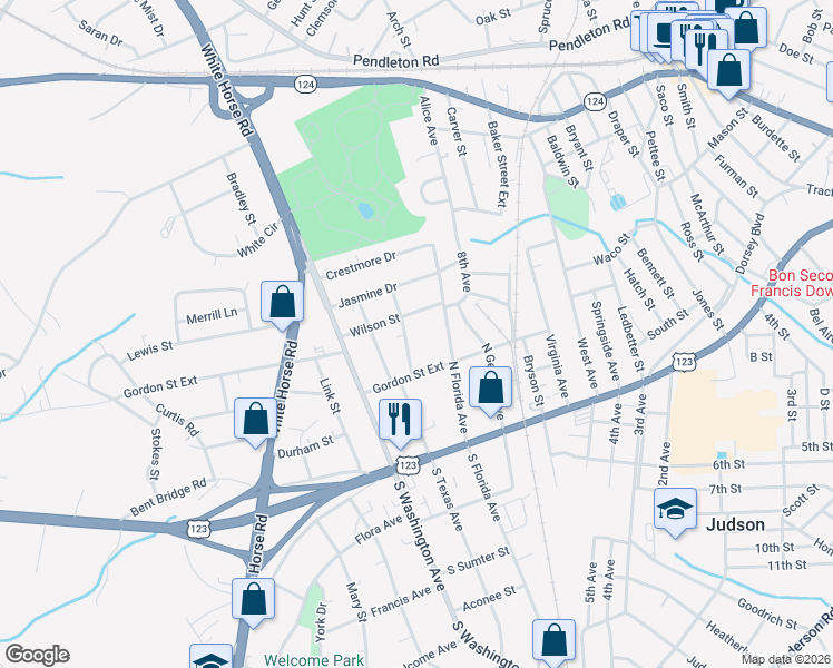 map of restaurants, bars, coffee shops, grocery stores, and more near 12 Looper Street in Greenville