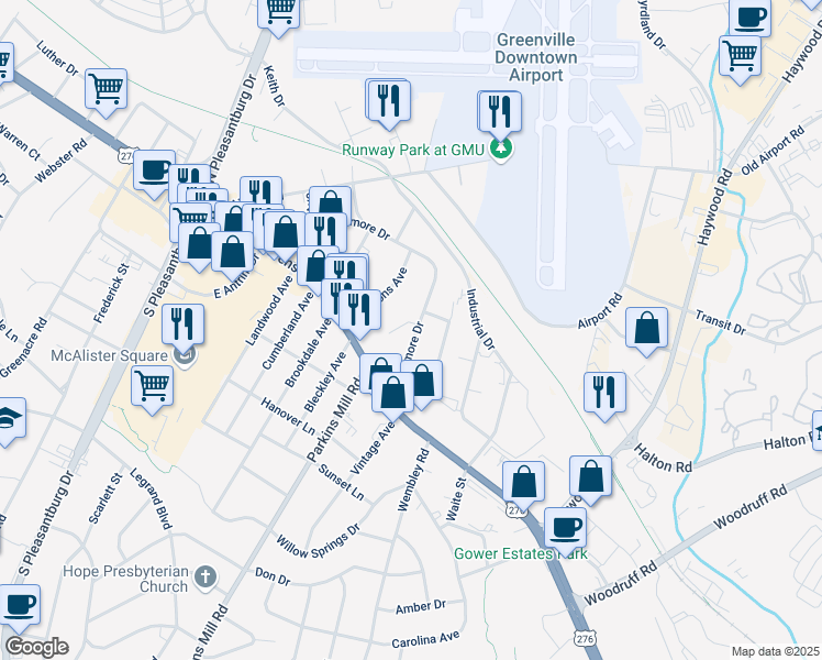 map of restaurants, bars, coffee shops, grocery stores, and more near 1 Eastwood Court in Greenville