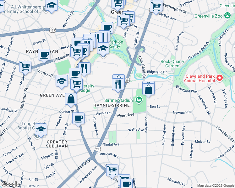 map of restaurants, bars, coffee shops, grocery stores, and more near 824 South Church Street in Greenville