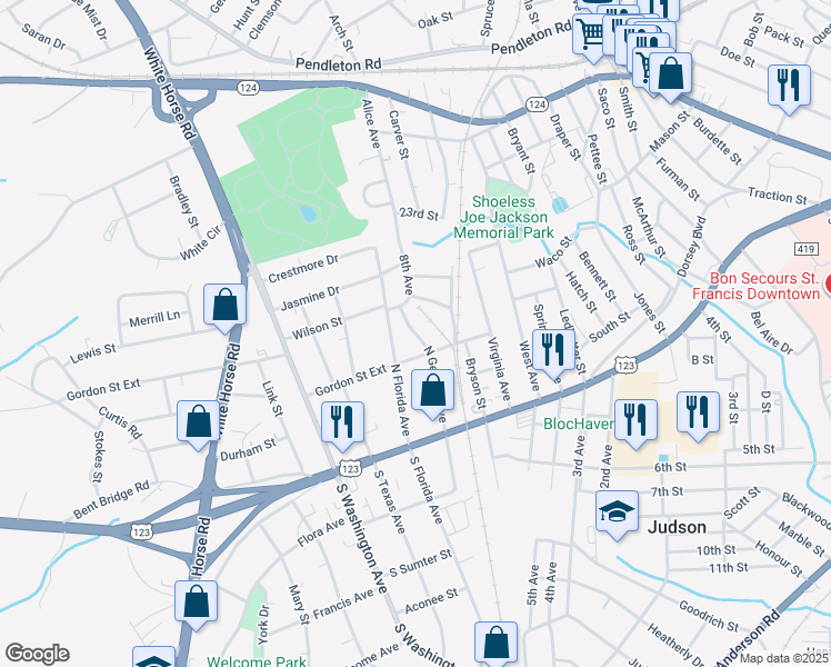 map of restaurants, bars, coffee shops, grocery stores, and more near 100 Gordon Street Extension in Greenville