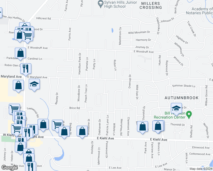 map of restaurants, bars, coffee shops, grocery stores, and more near 12440 Maryland Place in Sherwood